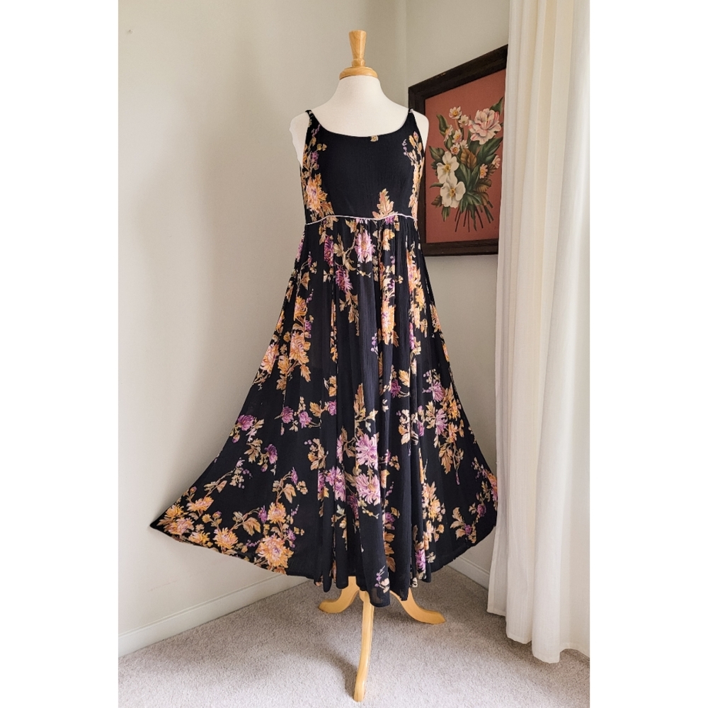 90s Black Floral Scoop Neck 1990s Vintage Flowy Feminine Rayon Gauze Maxi Dress - Picture 13 of 16